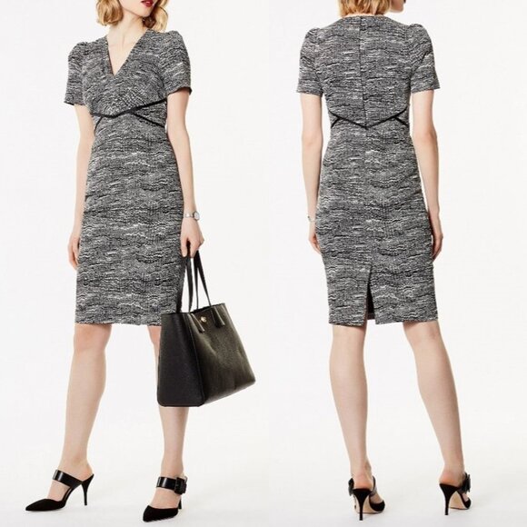 Karen Millen Abstract Print V-Neck Pencil Satin Dress with Silk Detailing Size 2 - Picture 3 of 16